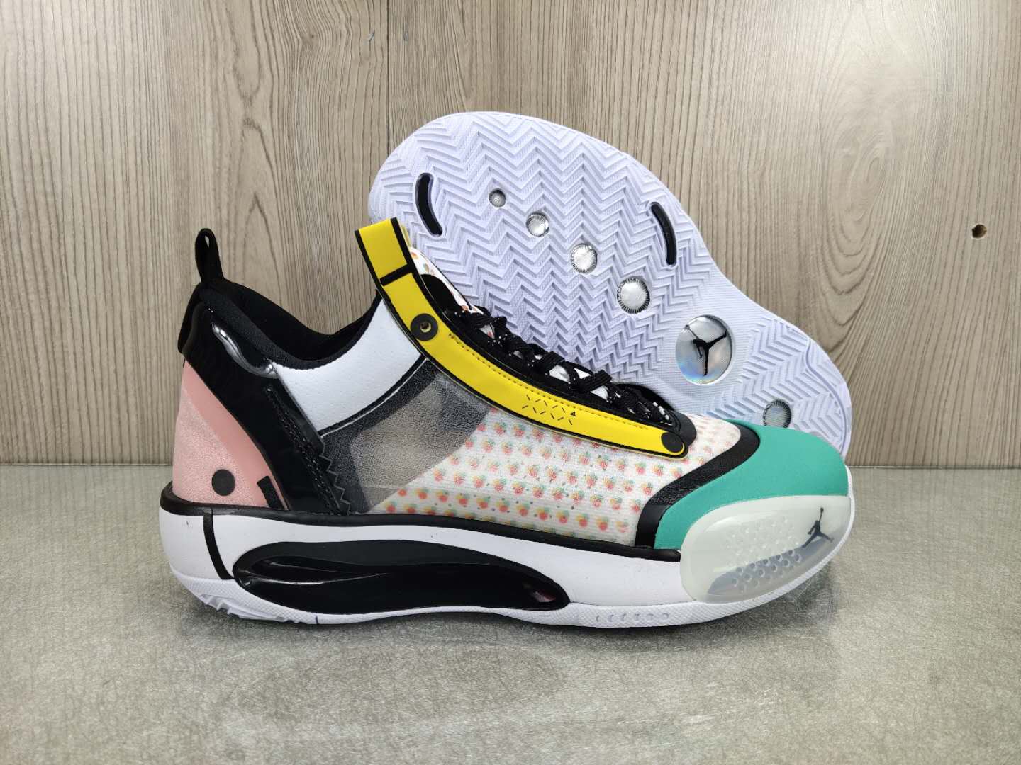 Air Jordan 34 Low White Black Yellow Jade Blue Shoes - Click Image to Close